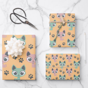 Cute Adorable Kitten Animated Cat Cartoon Big Eyes Wrapping Paper Sheet