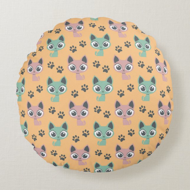 Cute Adorable Kitten Big Eyes Cat Paw Pattern Round Cushion (Front)