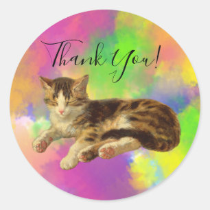 Cute Adorable Kitty Cat Thank You Abstract Rainbow Classic Round Sticker
