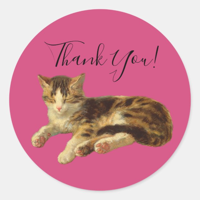 Cute Adorable Kitty Cat Thank You Magenta Script Classic Round Sticker (Front)