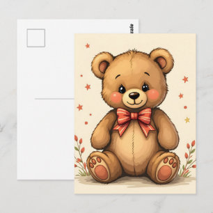 Cute adorable little brown bear with tie postcard