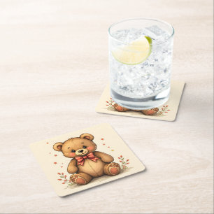 Cute adorable little brown bear with tie square paper coaster