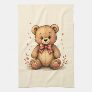 Cute adorable little brown bear with tie tea towel