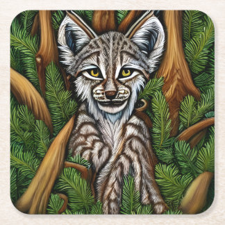 Cute Adorable Little Lynx Kitten Square Paper Coaster