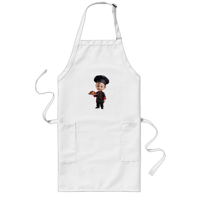 Cute adorable miniature chef boy holding entree long apron (Front)