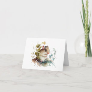 Cute Adorable Mouse with Flowers BLANK  Card