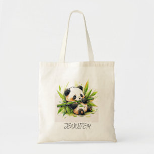 Cute Adorable Panda Eating Bamboo Shoots Name Tote Bag