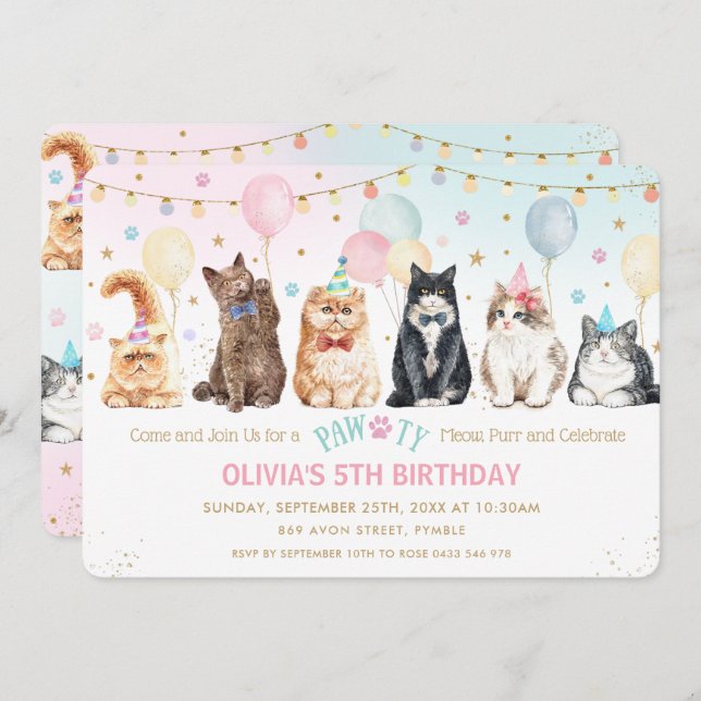 Cute Adorable Pawty Cats Balloons Birthday Party I Invitation (Front/Back)