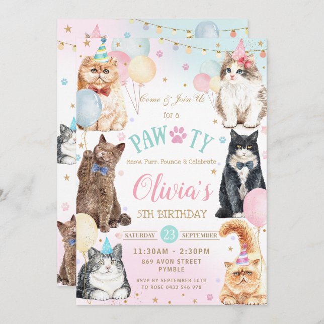 Cute Adorable Pawty Cats Balloons Birthday Party Invitation (Front/Back)