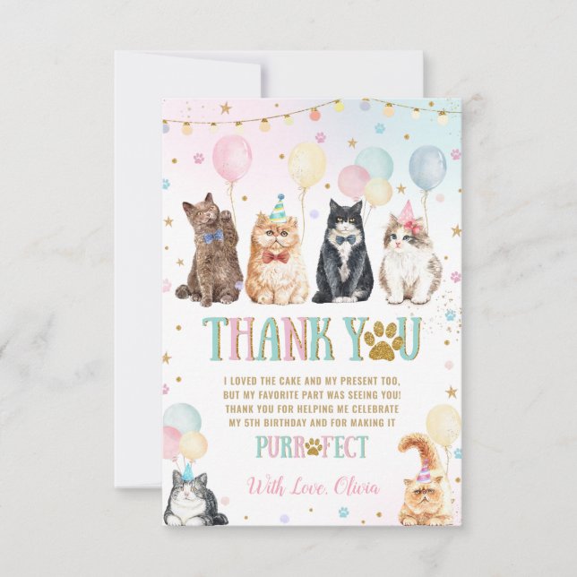 Cute Adorable Pawty Cats Balloons Birthday Party Thank You Card (Front)