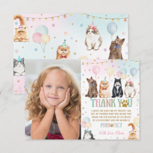Cute Adorable Pawty Cats Balloons Birthday Photo Thank You Card