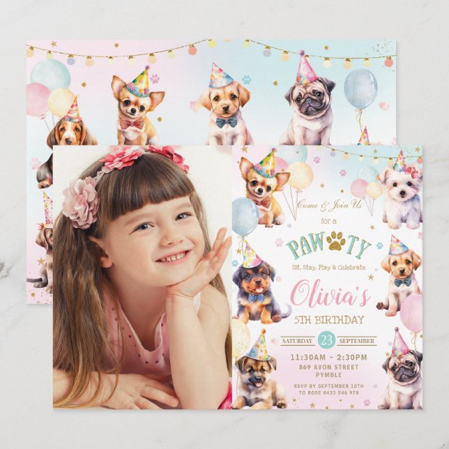 Cute Adorable Pawty Dogs Balloons Birthday Party Invitation (Front/Back)