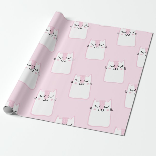 Cute Adorable Pink White Cats Kittens Pattern | Wrapping Paper (Unrolled)
