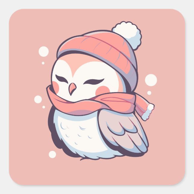 Cute Adorable Pink Winter Christmas Owl Kawaii Square Sticker (Front)