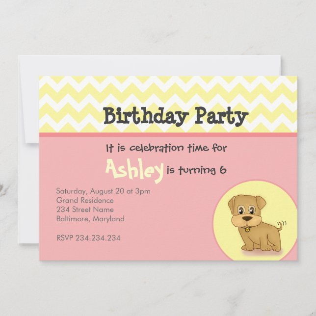 Cute Adorable Puppy Pink Cream Birthday Invitation (Front)