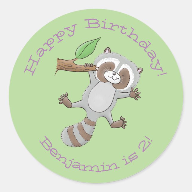 Cute adorable racoon cartoon illustration classic round sticker (Front)