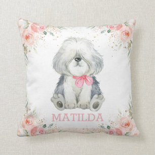 Cute Adorable Sheepdog Dog Blush Pink Floral Girl Cushion
