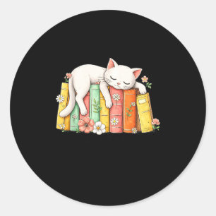 Cute adorable sleeping cat and books cosy readers classic round sticker