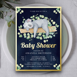 Cute Adorable Sleeping Koala Navy Baby Shower Gold