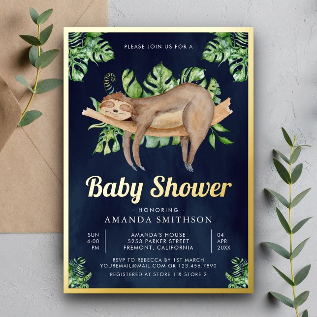 Cute Adorable Sleeping Sloth Navy Baby Shower Gold (Creator Uploaded)