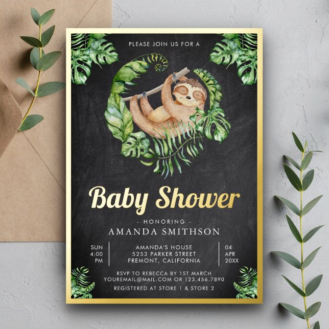 Cute Adorable Sloth Chalkboard Baby Shower Gold (Creator Uploaded)