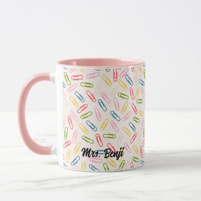 Cute Adorable Teacher Name Paperclip Pattern Mug (Left)