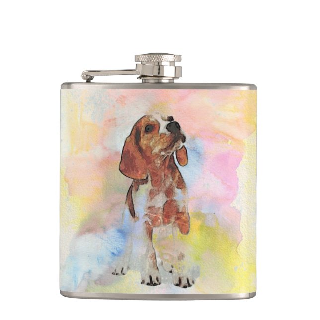 Cute adorable trendy puppy animal dog watercolours hip flask (Front)