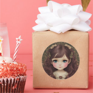 Cute Adorable Vintage Style Chibi Kawaii Girl Art Classic Round Sticker
