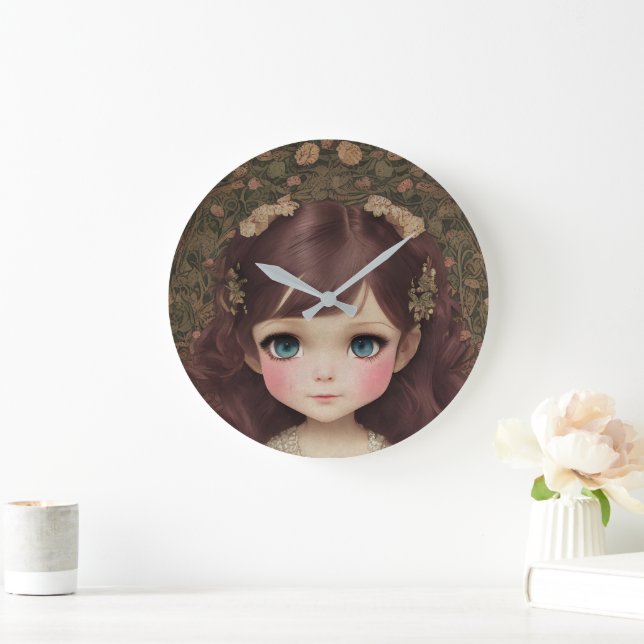 Cute Adorable Vintage Style Chibi Kawaii Girl Art Large Clock (Home)