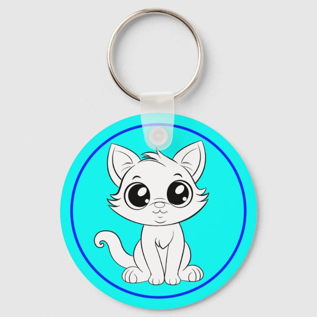 Cute Adorable White Cat Cartoon-30853 Key Ring (Front)
