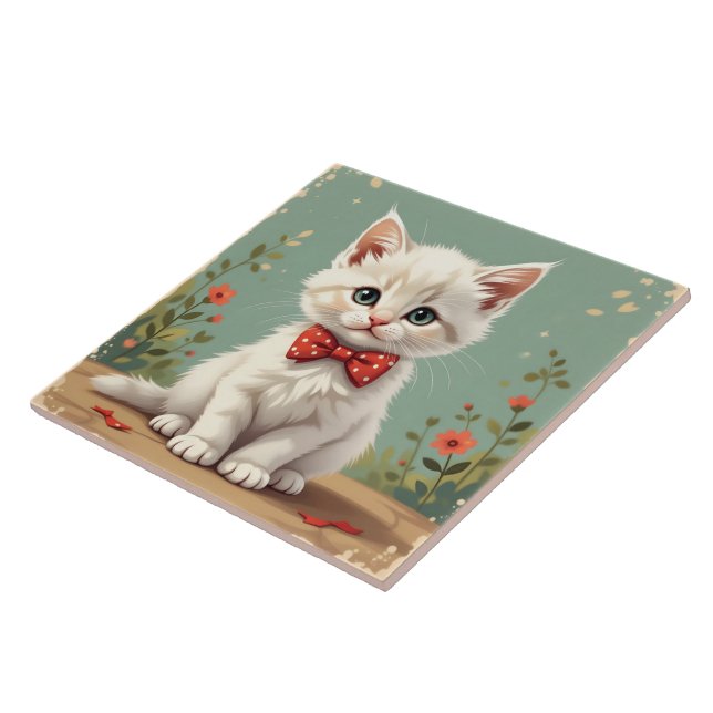 Cute adorable white cat with bow tie ceramic tile (Side)