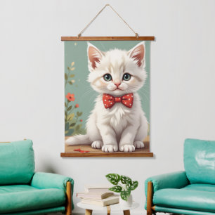 Cute adorable white cat with bow tie hanging tapestry