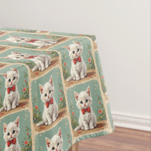 Cute adorable white cat with bow tie tablecloth