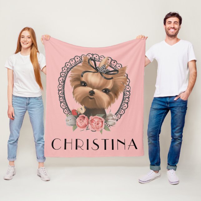 Cute Adorable Yorkie Puppy Pink Floral Fleece Blanket (In Situ)