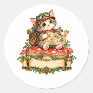 Cute Adventurer Cat – Fantasy Explorer with Treasu Classic Round Sticker