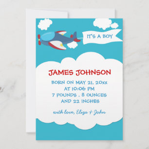 Cute Aeroplane Boy Baby Birth Announcement Card