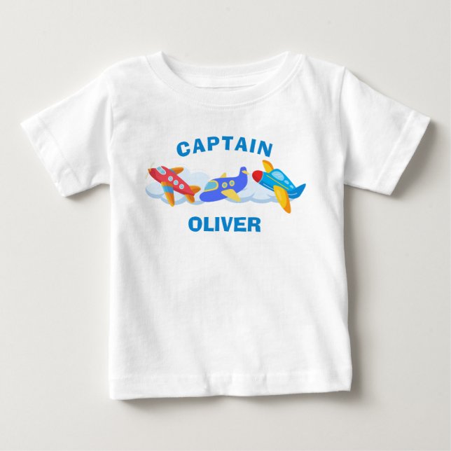 Cute Aeroplane Captain Personalised Baby T-Shirt (Front)