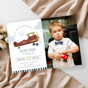 Cute  Aeroplane Cloud Heart Photo Birthday Invite