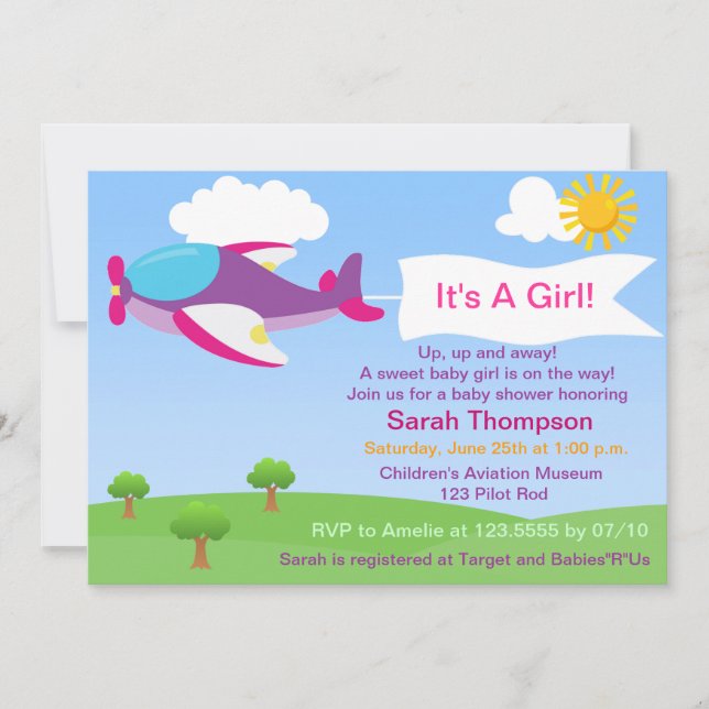 Cute Aeroplane Girl Baby Shower Invitation (Front)