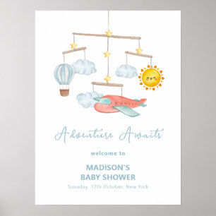Cute Aeroplane Hot Air Balloon Baby Shower Welcome Poster