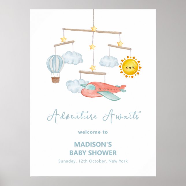 Cute Aeroplane Hot Air Balloon Baby Shower Welcome Poster (Front)