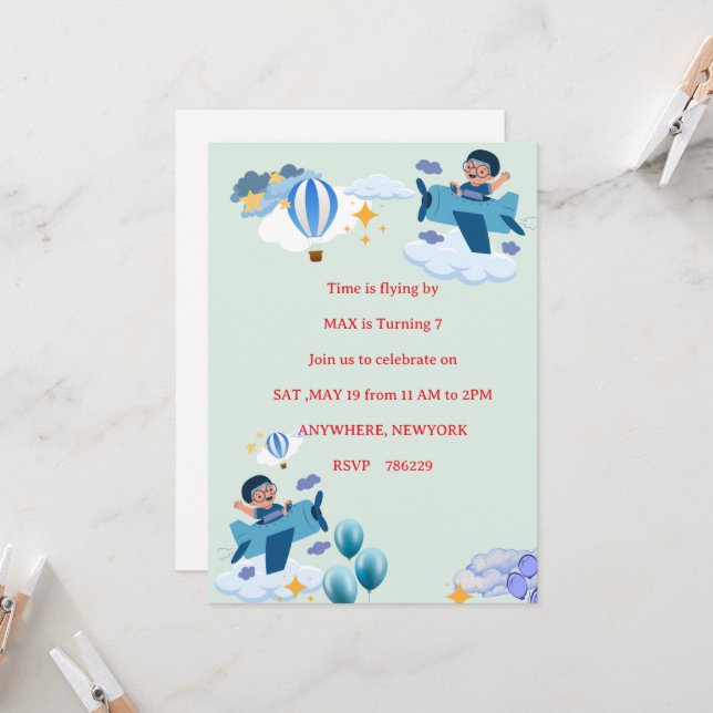 Cute Aeroplane Kids Birthday Invitation (Front/Back In Situ)
