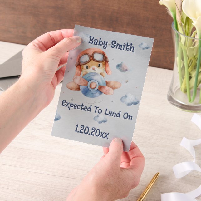 Cute Aeroplane Landing Pilot Boy Pregnancy Announc Vellum Invitations (Handheld)