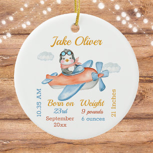 Cute Aeroplane Penguin Baby Boy Stats Ceramic Orna Ornament