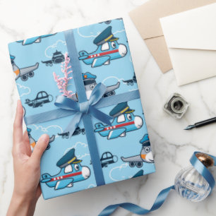 Cute Aeroplane Pilot Flying Wrapping Paper