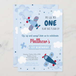 Cute Aeroplane Stars Clouds First Birthday Invitation