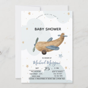 Cute Aeroplane Toy Clouds Baby Shower Invitation