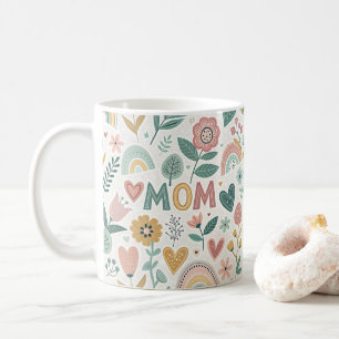 Cute Aesthetic Folk Art Flowers & Hearts MOM Coffee Mug