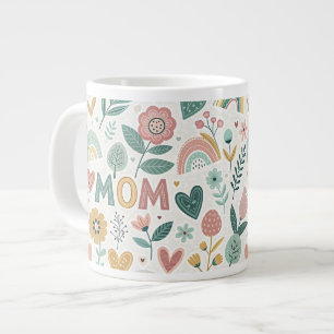 Cute Aesthetic Folk Art Flowers & Hearts MOM Large Coffee Mug