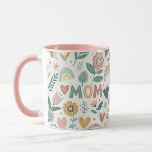 Cute Aesthetic Folk Art Flowers & Hearts MOM Mug